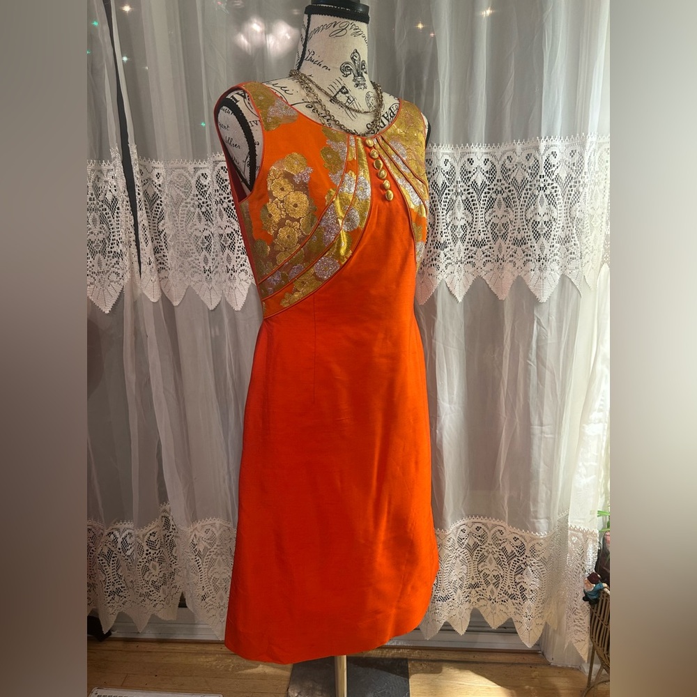 Vintage 1960s Van Ziang Hong Kong Brocade Dress & Coat Set (De Luxe Line) orange
